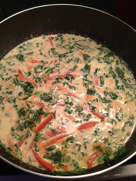 Coconut broth - green onions, red bell peppers, carrots, ginger, garlic cilantro..... 